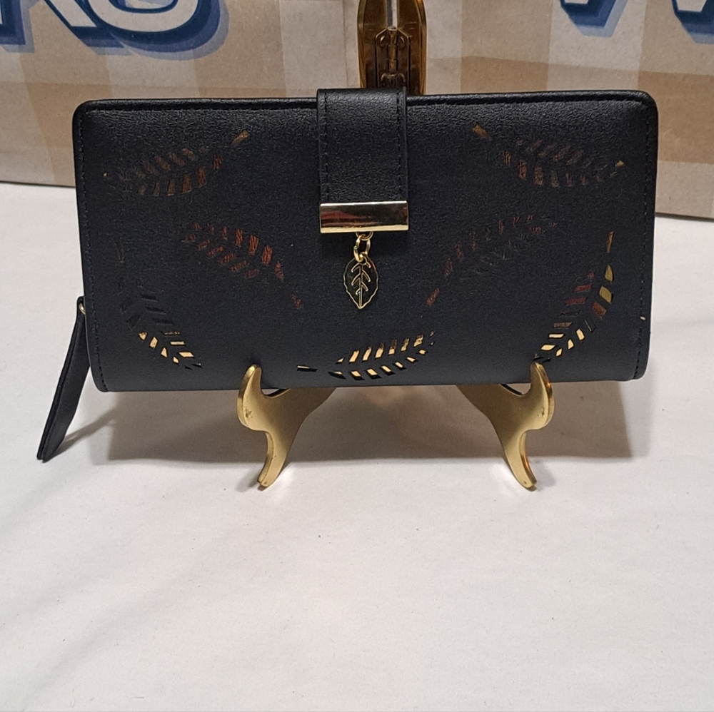 Black/Gold Leaf Cutout Women's PU Leather ID Card Holder Bifold Wallet NWOT